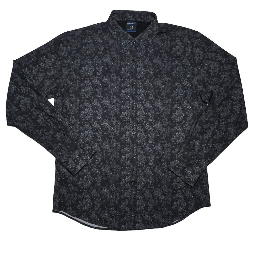 Monument Long Sleeve Button Down Shirt Mens L Large Black Gray Floral Stretchy
